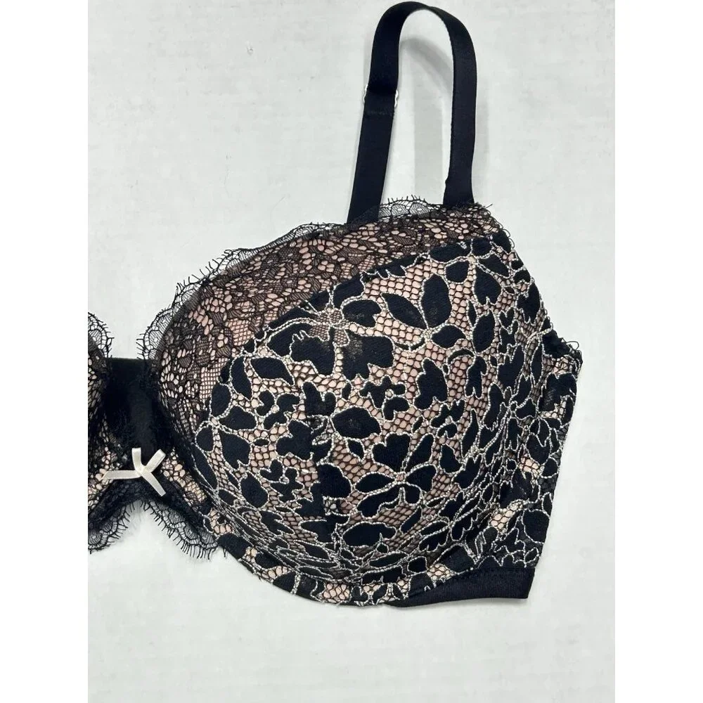 Victoria’s Secret Dream Angels Push Up Bra 36DD Black Floral Lace Lined Wired